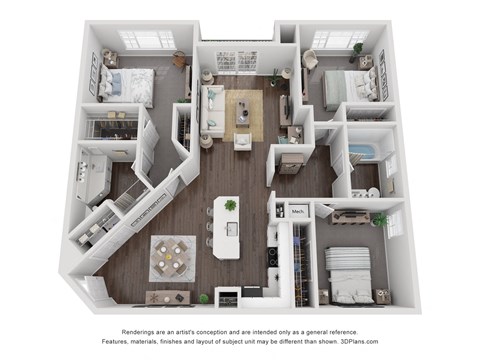 Floor plan for 3 beds, 2 baths, 1393 sqft